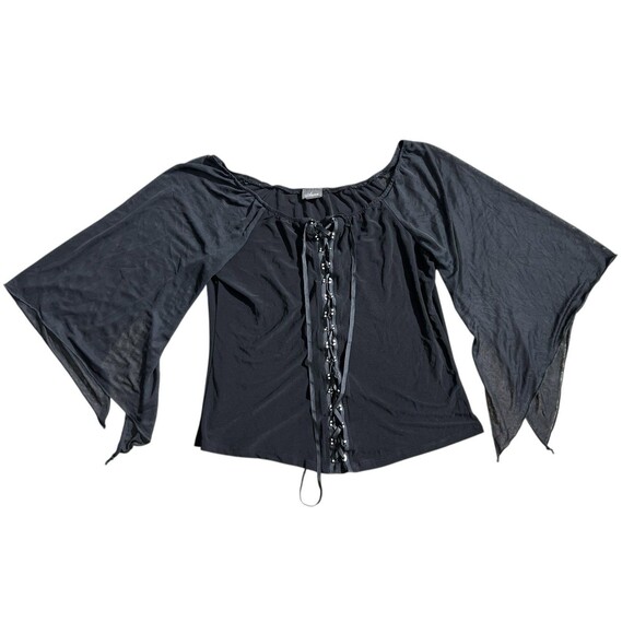 Y2K Anna Blouse Lace Up Front Black Whimsigoth Grunge Witchy Lightweight Sz 1X - Picture 2 of 16